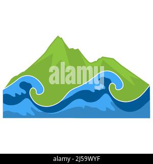 Logo della montagna con ​​wave del mare. Design piatto. Illustrazione vettoriale su sfondo bianco. Illustrazione Vettoriale