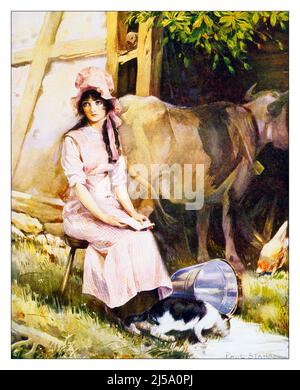 1910S DONNA MILKMAID LETTURA LETTERA DA ABSENT BEAU MUCCA CALCI SU SECCHIO CAT BERE IL LATTE VERSATO ARTE DI PAUL STAHR - KF38905 NAW001 HARS BELLEZZA DEPRESSIONE COLORE ESPRESSIONE VECCHIO TEMPO NOSTALGIA VECCHIA MODA 1 STILE VISO COMUNICAZIONE GIOVANE ADULTO BEVANDE INFORMAZIONI PREOCCUPAZIONI LIFESTYLE COPERTURA FEMMINE MOODY RURAL HOME VITA CASEARIO COPIA SPAZIO A TUTTA LUNGHEZZA SIGNORE MUCCA PERSONE RAGAZZO AGRICOLTURA VERSATO LE ESPRESSIONI PAUL HANNO TURBATO L'AGRICOLTURA DEL COFANO INTERESSATO I SOGNI DI TRISTEZZA GIRANO DEL 20TH SECOLO GLI AGRICOLTORI DI SECOLARE LE OCCUPAZIONI DI UMORE DELLA MUCCA DA LATTE DI RIO 19TH SECOLO GLUM CONCETTUALE GRANDE ELEGANTE KICKED LOVELORN Foto Stock