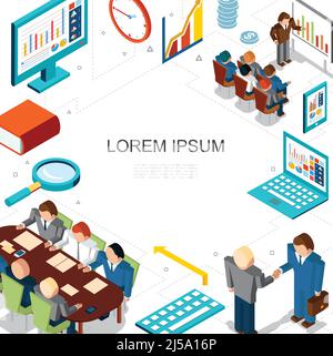 Concetto isometrico di business e finanza con conferenza di lavoro orologio coins magnifier diagrammi grafici grafici su computer laptop tablet vect Illustrazione Vettoriale