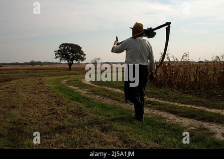 Silhouette di un uomo con scythe con un prato e un albero sul retro Foto Stock