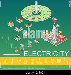 Modello di produzione e distribuzione di energia elettrica con pannelli solari energia elettrica le linee elettriche di trasmissione di fabbrica ospitano il vettore i in stile isometrico Illustrazione Vettoriale