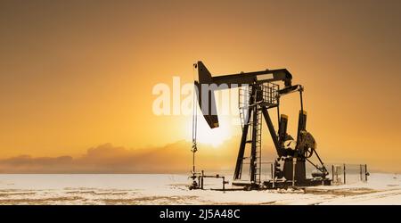 Campo di petrolio sito all'alba. Le pompe dell'olio sono in funzione. Macchina per l'energia industriale Foto Stock