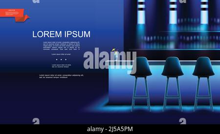 Sfondo realistico interno del bar notturno con sedie cocktail al banco e bottiglie di bevande alcoliche su scaffali illustrazione vettoriale Illustrazione Vettoriale