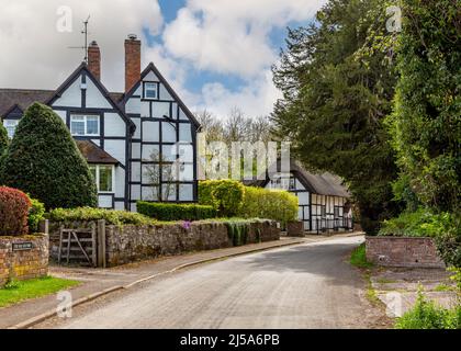 Strada e cottage in Abbots Morton villaggio in Worcestershire, Inghilterra. Foto Stock