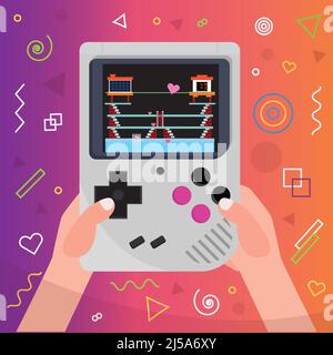 Coppia di mani che reggono una console mobile Videogioco Vector Illustrazione Vettoriale