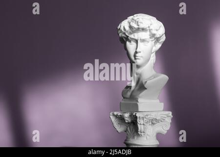 Testa di marmo bianco del giovane uomo, testa della famosa statua di Michelangelo - David da Firenze. Copia in gesso della statua antica testa sullo sfondo con Foto Stock