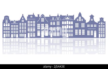 Silhouette di una fila di case di Amsterdam. Facciate di vecchi edifici europei decorazione. Case olandesi con riflessione. Vettore Illustrazione Vettoriale