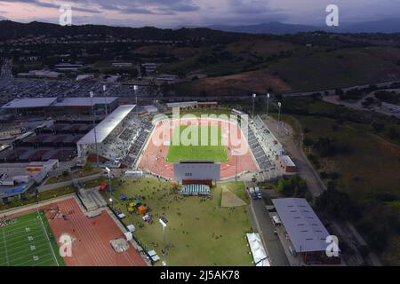 Una vista aerea di Hilmer Lodge Stadium, il sito del 62nd. Mt. San Antonio College Relays e i Giochi d'oro USATF, sabato 16 aprile 2022, in W. Foto Stock