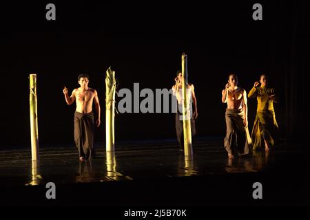 Spettacolo di danza teatrale dal titolo 'Lampan Lahat' del coreografo Lalu Suryadi Mulawarman e produzione di danza Sak Sak a Galeri Kesenian Jakarta il 15 giugno 2011 a Jakarta, Indonesia. 'Lampan Lahat' è coreografato sulla base di un folklore proveniente dall'isola di Lombok (provincia occidentale di Nusa Tenggara). Lo spettacolo stesso è stato parte del Jakarta Anniversary Festival IX, un evento annuale per celebrare l'anniversario di Jakarta City che si celebra il 22 giugno. Foto Stock