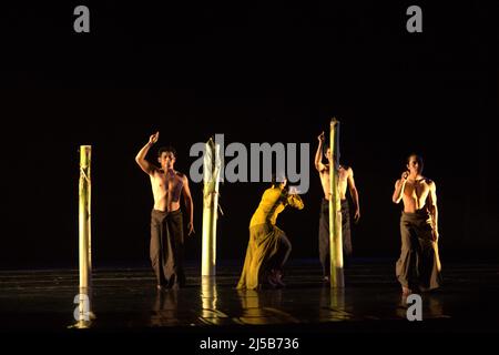 Spettacolo di danza teatrale dal titolo 'Lampan Lahat' del coreografo Lalu Suryadi Mulawarman e produzione di danza Sak Sak a Galeri Kesenian Jakarta il 15 giugno 2011 a Jakarta, Indonesia. 'Lampan Lahat' è coreografato sulla base di un folklore proveniente dall'isola di Lombok (provincia occidentale di Nusa Tenggara). Lo spettacolo stesso è stato parte del Jakarta Anniversary Festival IX, un evento annuale per celebrare l'anniversario di Jakarta City che si celebra il 22 giugno. Foto Stock