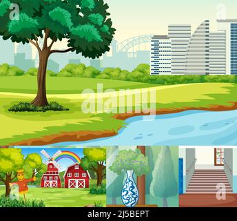 Scene diverse con l'illustrazione verde erba Illustrazione Vettoriale