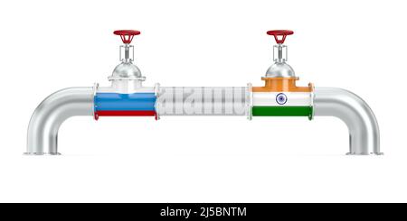 Gasdotto tra Russia e India su sfondo bianco. Illustrazione 3D isolata Foto Stock