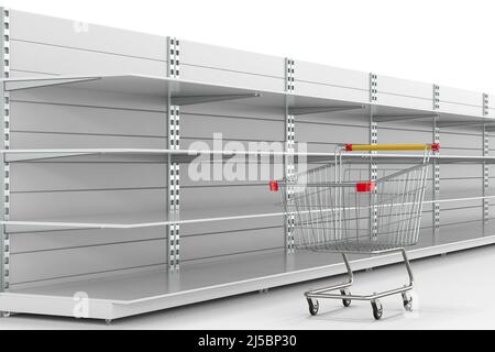 Scaffali e carrello vuoti su sfondo bianco. Illustrazione 3D isolata Foto Stock