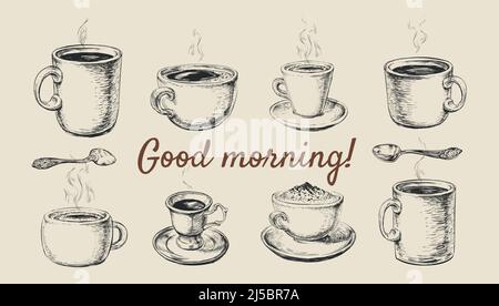 Set tazza caffè. Cucchiaio. Illustrazione del vettore del caffè disegnato a mano. Buongiorno. Colazione. Caffè. Illustrazione Vettoriale