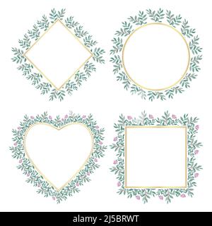 Set di cornici in oro botanico decorate con fiori, illustrazione vettoriale isolata Illustrazione Vettoriale