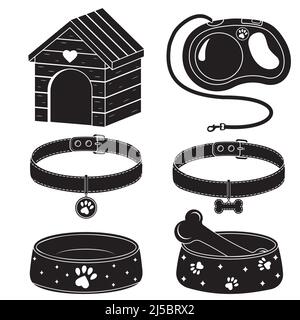 Una serie di icone di accessori per cani e gatti, una cabina, ciotole di cibo, un guinzaglio e collari con un medaglione. Illustrazione Vettoriale