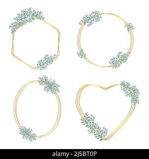 Set di cornici in oro botanico decorate con fiori, illustrazione vettoriale isolata Illustrazione Vettoriale