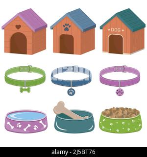 Un set di accessori per cani e gatti, una cabina, ciotole con cibo, collari con medaglione. Illustrazione vettoriale isolata Illustrazione Vettoriale