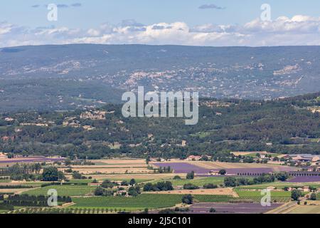 Vista panoramica sulle colline del Luberon ricoperte di campi di lavanda, vigneti, meleti, foreste dalla cima dello storico villaggio collinare Bonnieux, Vaucluse Foto Stock