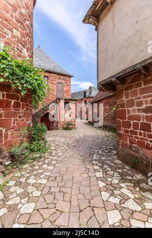 Deserte pavimentazione in pietra che si snoda tra antiche case in pietra rossa di intricata architettura a Collonges-la-Rouge, dipartimento di Correze, Francia Foto Stock