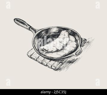 Frittata in padella. Illustrazione vettoriale disegnata a mano in cucina. Schizzo della cucina. Colazione Illustrazione Vettoriale