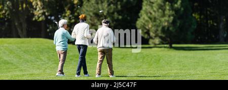 vista posteriore degli amici multietnici anziani che camminano con i randelli di golf sul campo verde vicino agli alberi, bandiera Foto Stock