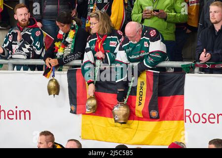 Rosenheim, Germania. 21st Apr 2022. TIFOSI DEB alla partita GERMANIA - SVIZZERA 4-2 amichevole DEB ICE HOCKEY, Campionato del mondo 2022 preparazione a Rosenheim Germania, April21, 2022, Stagione 2021/2022, Schweiz, © Peter Schatz / Alamy Live News Credit: Peter Schatz/Alamy Live News Foto Stock