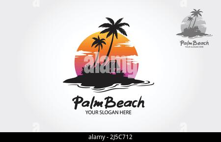 Illustrazione del logo Palm Beach. Acqua onde oceaniche con sole, palme e spiaggia, per ristorante e hotel. Illustrazione Vettoriale