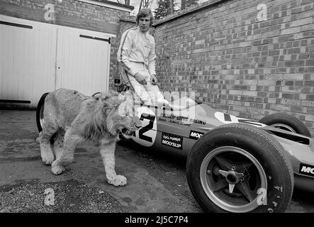 Christian il leone incontra il futuro campione del mondo F.1 James Hunt a Londra 1970. Foto Stock