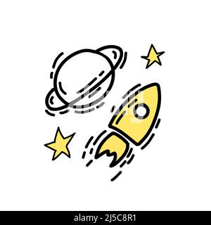 Spazio illustrazione simbolo razzo colore giallo in stile doodle Illustrazione Vettoriale