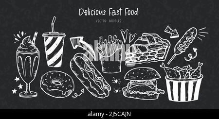 Belle doodles di fast food disegnate a mano, elementi gustosi come hamburger, patatine fritte e ciambelle. Ottimo per i menu - design vettoriale Illustrazione Vettoriale