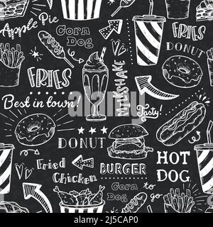 Bella mano disegnata delizioso fast food senza cuciture pattern, fondo saporito, ottimo per tessuti, confezionamento, confezionamento, sfondi - disegno vettoriale Illustrazione Vettoriale