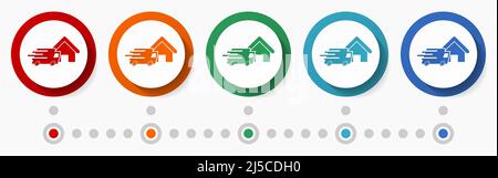 Consegna, set di icone vettoriali di concetto logistico, modello infografico, bottoni web colorati di design piatto in 5 opzioni di colore Illustrazione Vettoriale