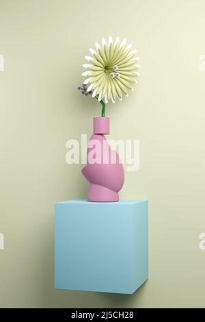 Illustrazione 3D con semplice natura morta di un fiore di plastica in un vaso futuristico Foto Stock