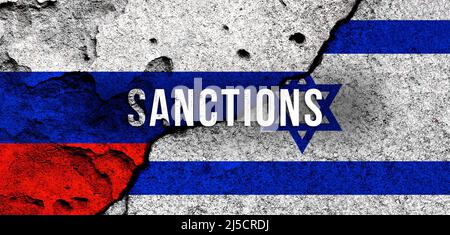 Sanzioni contro la Russia e Israele. Sfondo bandiere nazionali con testo. Embargo, concetto di default Foto Stock