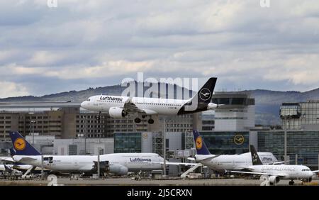 Aeroporto Frankfurt am Main, DEU, 09/28/2020 - Un Airbus Lufthansa atterra all'aeroporto Frankfurt/Main. Il numero di voli presso la Deutsche Lufthansa è diminuito drasticamente dopo lo scoppio del coronavirus. [traduzione automatizzata] Foto Stock