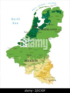 Mappa fisica molto dettagliata del Benelux in formato vettoriale, con confini degli stati, grandi città e tutte le forme di rilievo . Illustrazione Vettoriale