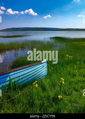 Barche da pesca sul bordo delle acque a Carrowmore Lake, County Mayo, Irlanda Foto Stock