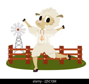 Pecora felice in fattoria. Animale antropomorfo in stile cartone animato. Illustrazione Vettoriale