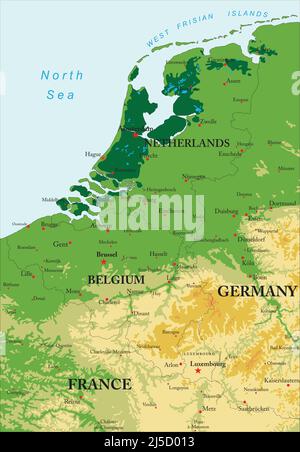 Mappa fisica molto dettagliata del Benelux in formato vettoriale, con confini degli stati, grandi città e tutte le forme di rilievo . Illustrazione Vettoriale