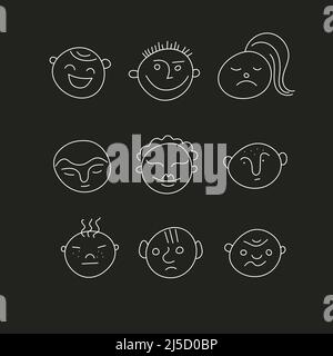 Set di simpatici volti divertenti, cartoni animati. Personaggi astratti, avatar comico. Hipster cute femmina e maschio Doodle illustrazione Illustrazione Vettoriale