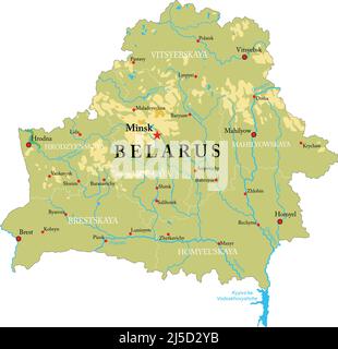 Mappa fisica molto dettagliata della Bielorussia, in formato vettoriale, con tutte le forme di rilievo, regioni e grandi città. Illustrazione Vettoriale