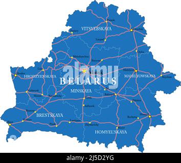 Mappa vettoriale della Bielorussia con le regioni amministrative, le principali città e le strade. Illustrazione Vettoriale