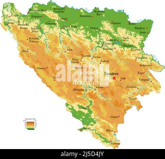 Mappa fisica molto dettagliata della Bosnia-Erzegovina, in formato vettoriale, con tutte le forme di rilievo, regioni e grandi città. Illustrazione Vettoriale