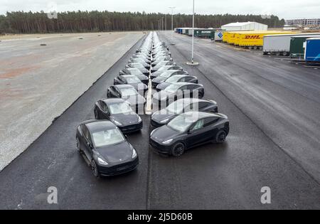 Gruenheide, 26 febbraio 2022 - veduta aerea del cantiere di fabbrica Tesla. Centinaia di modelli Tesla Y prodotti nel nuovo stand Gigafactory presso il cantiere del Gigafactory di Gruenheide.Tesla ha ricevuto l'autorizzazione delle autorità di costruire 2.000 enti prima dell'apertura ufficiale delle operazioni di prova. Queste automobili non andranno in vendita. [traduzione automatizzata] Foto Stock