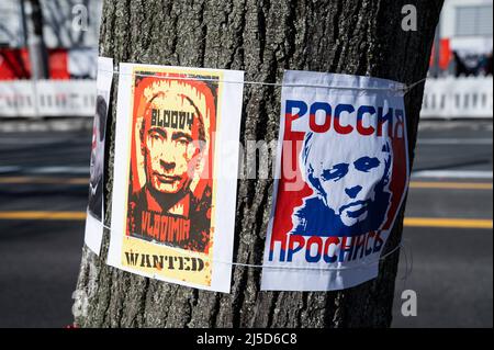 "Arco 07, 2022, Berlino, Germania, Europa - un manifesto di protesta con l'immagine del presidente russo Vladimir Putin e le parole ''Bloody Vladimir Wanted'' appeso su un albero di fronte all'Ambasciata russa lungo la via Unter den Linden nel distretto di Mitte, Come espressione di dispiacere per il presidente russo e per la sua guerra di aggressione in Ucraina. [traduzione automatizzata]' Foto Stock