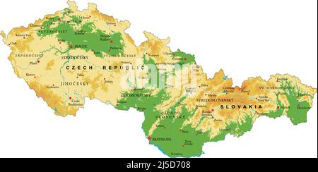 Mappa fisica molto dettagliata della Repubblica Ceca e della Slovacchia, in formato vettoriale, con tutte le forme di rilievo, le regioni e le grandi città. Illustrazione Vettoriale