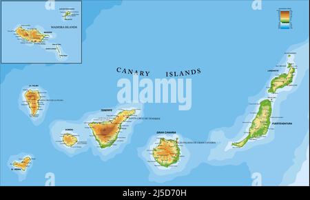 Mappa fisica molto dettagliata delle isole Canarie e Madeira, in formato vettoriale, con tutte le forme di rilievo, regioni e grandi città. Illustrazione Vettoriale