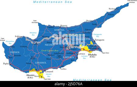 Mappa vettoriale molto dettagliata di Cipro con regioni amministrative, principali città e strade. Illustrazione Vettoriale