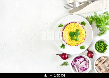 Insalata a strati con barbabietole, aringhe, carote e patate su sfondo di pietra con spazio di testo libero. Tradizionale insalata shuba russa. Vista dall'alto, piatto Foto Stock